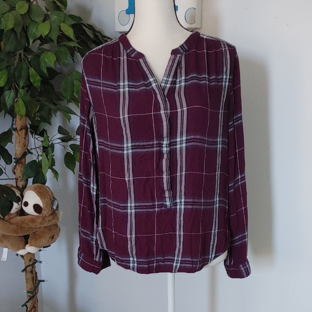 Bass Plaid Tab Sleeve Blouse M